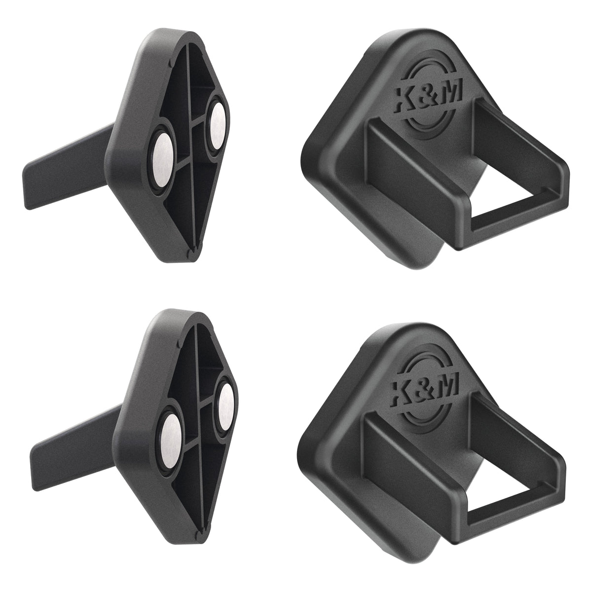 19708 magnetic tablet holder set product shot showing two magnetic plates with round magnets and two black rubber corner holders with embossed logo, K&M