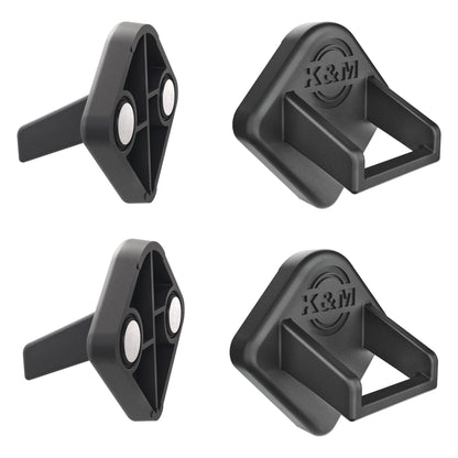 19708 magnetic tablet holder set product shot showing two magnetic plates with round magnets and two black rubber corner holders with embossed logo, K&M