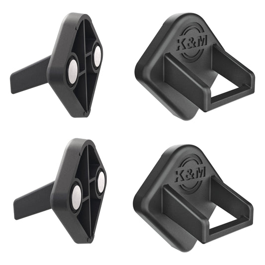19708 magnetic tablet holder set product shot showing two magnetic plates with round magnets and two black rubber corner holders with embossed logo, K&M