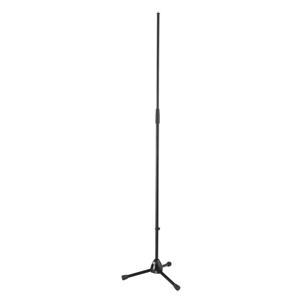 20125 tall tripod mic stand full front view fully extended with black telescoping shaft, clutch collar and rubber-tipped folding legs, K&M