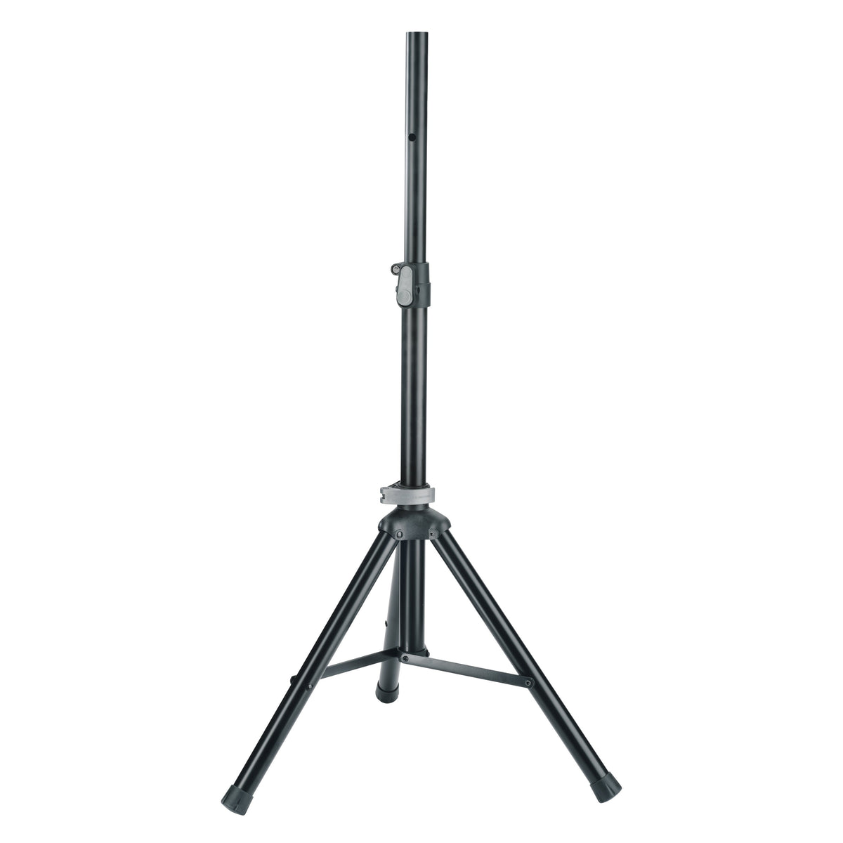 21454 compact tripod speaker stand front view fully extended with black aluminum tube, grey height clamp and rubber-capped legs with cross braces, K&M
