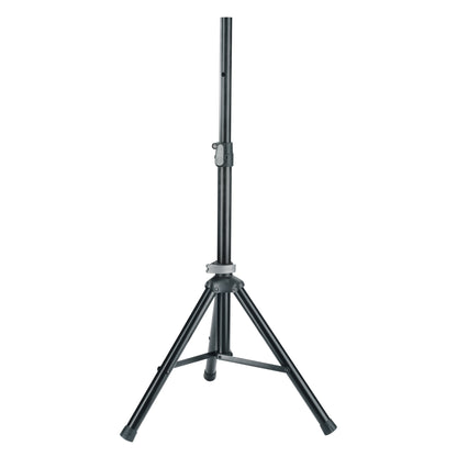 21454 compact tripod speaker stand front view fully extended with black aluminum tube, grey height clamp and rubber-capped legs with cross braces, K&M