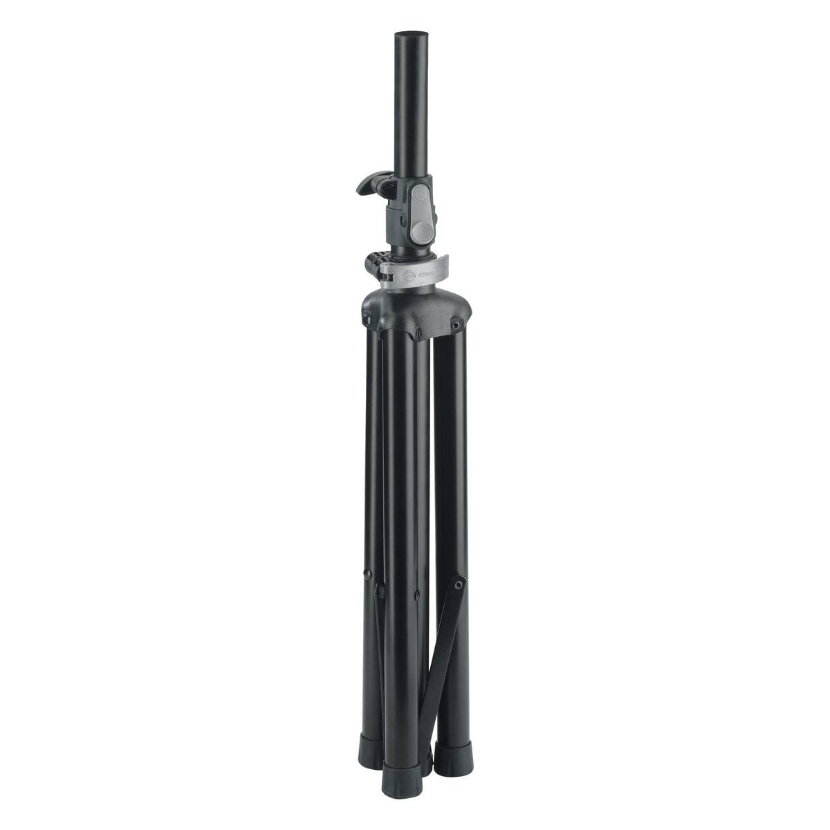 21454 compact tripod speaker stand folded with legs together and inner tube lowered, showing the grey clamp collar and rubber feet, K&M