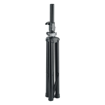 21454 compact tripod speaker stand folded with legs together and inner tube lowered, showing the grey clamp collar and rubber feet, K&M