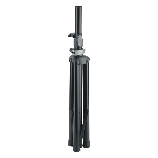 21454 compact tripod speaker stand folded with legs together and inner tube lowered, showing the grey clamp collar and rubber feet, K&M