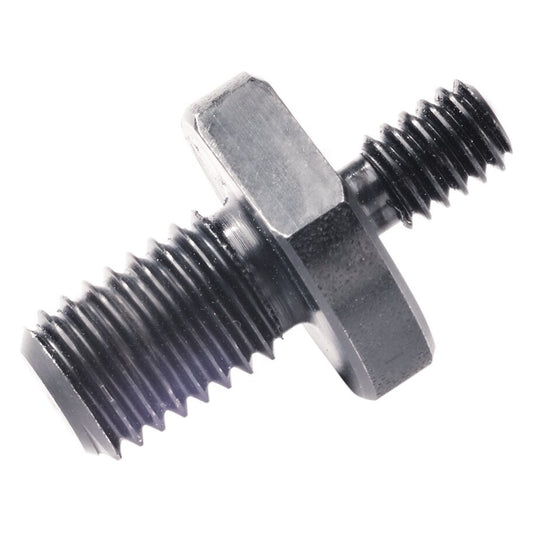 21922 M10 to 1/4" thread adapter angled side view showing larger M10 male thread, central hex collar and smaller 1/4" male thread on black steel, K&M