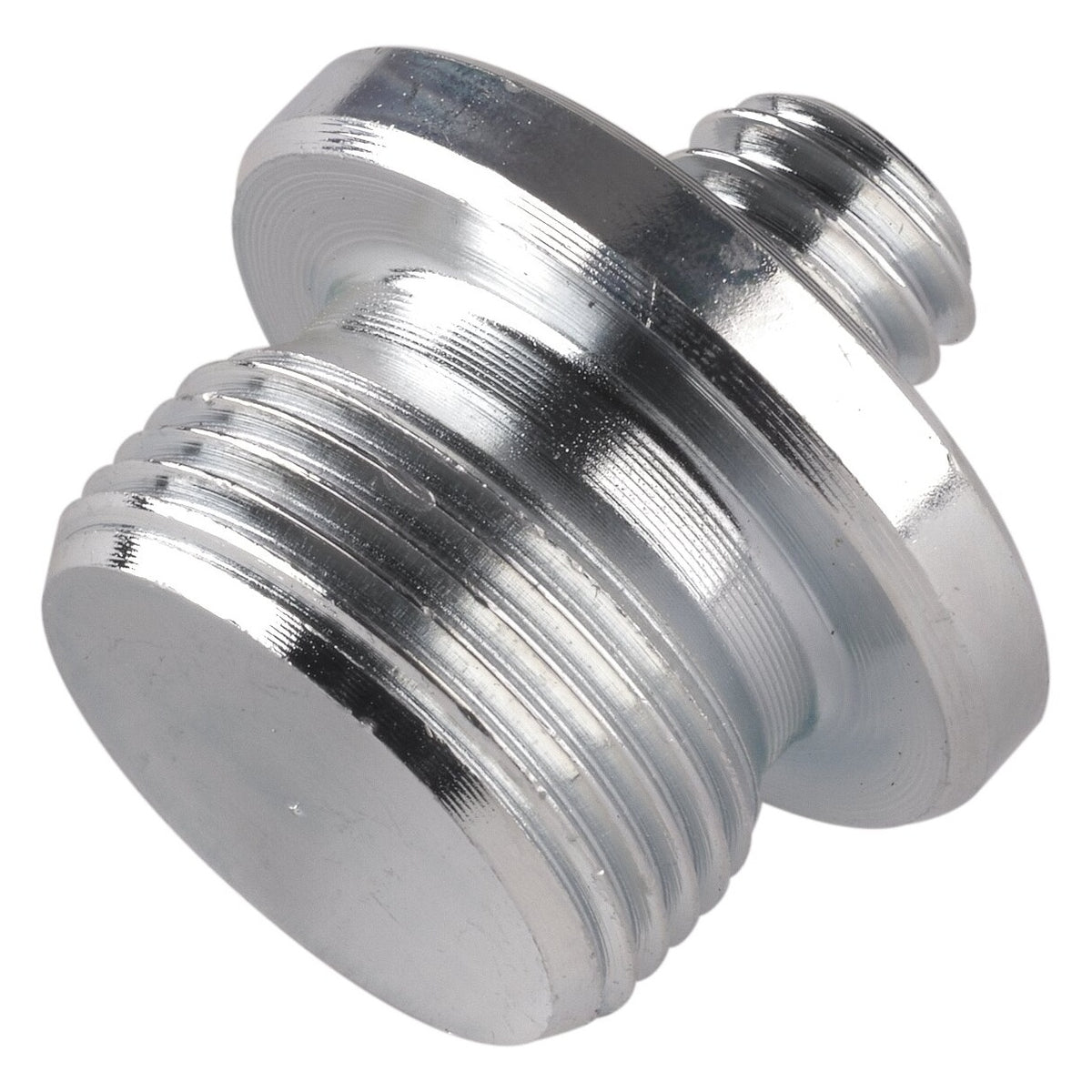 21927 M20 to 3/8 inch thread adapter angled view showing large M20 threaded plug, flange collar and small 3/8 inch threaded stud in zinc-plated steel, K&M