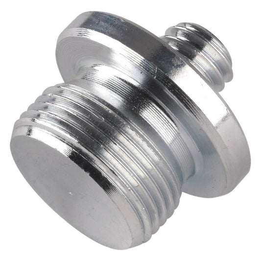 21927 M20 to 3/8 inch thread adapter angled view showing large M20 threaded plug, flange collar and small 3/8 inch threaded stud in zinc-plated steel, K&M