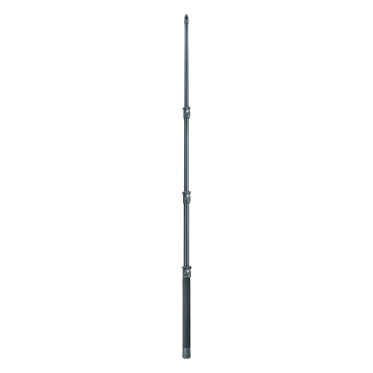 23781 carbon fishing pole mic boom fully extended, full-length view with three clamp locks and foam grip handle, K&M
