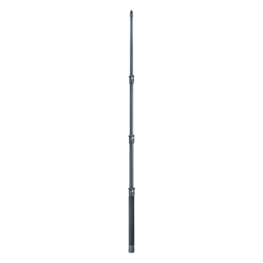 23781 carbon fishing pole mic boom fully extended, full-length view with three clamp locks and foam grip handle, K&M
