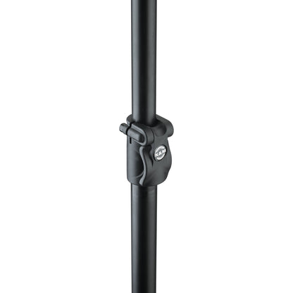 23781 carbon fishing pole mic boom close-up of black telescoping clamp lock with K&M logo badge, K&M