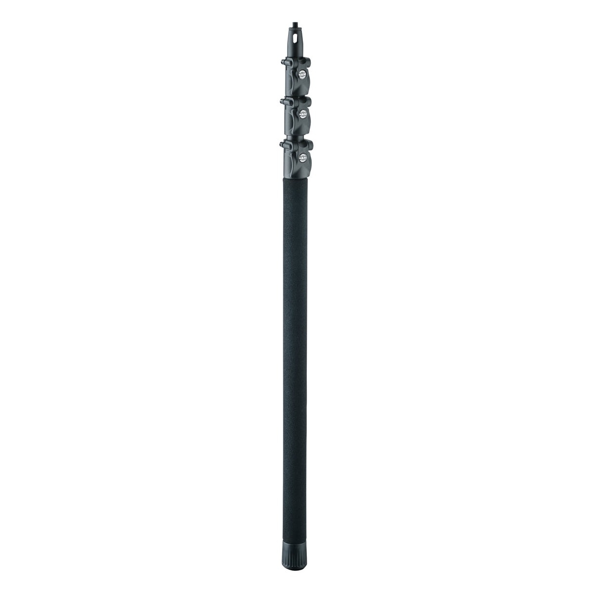 23782 carbon fishing pole mic boom collapsed with three clamp locks stacked above foam grip and rubber end cap, K&M