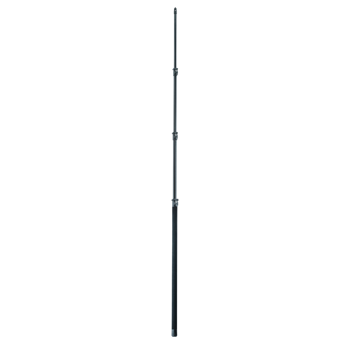 23783 carbon fiber mic fishing pole XL fully extended, showing three clamp joints and foam-covered grip handle, K&M