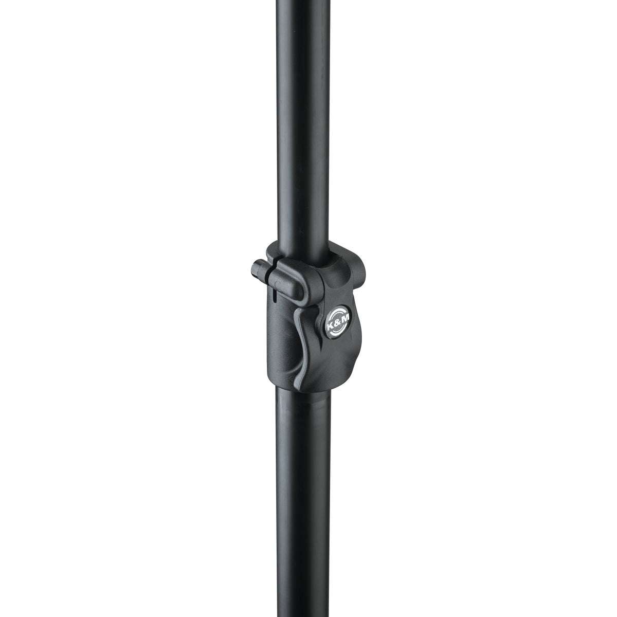 23783 carbon fiber mic fishing pole XL telescoping clamp lock detail with K&M logo badge, K&M