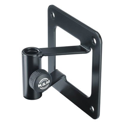 23856 wall mount front three-quarter view showing square black mounting plate with four screw holes and K&M-branded knurled clamp knob on the socket, K&M