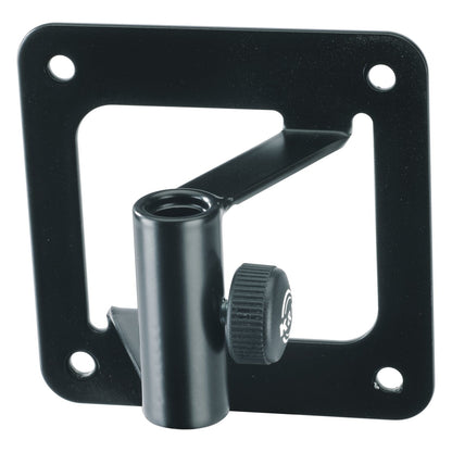23856 wall mount straight-on view of the black square plate with four mounting holes, cutout frame and vertical socket tube with side clamp knob, K&M