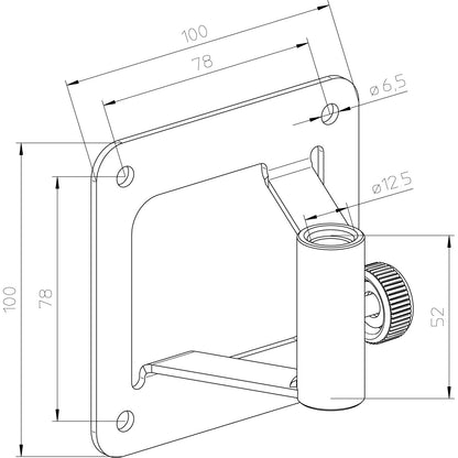23856 wall mount technical dimension drawing showing 100 mm plate, 78 mm hole spacing, 6.5 mm mounting holes, 12.5 mm socket and 52 mm tube height, K&M