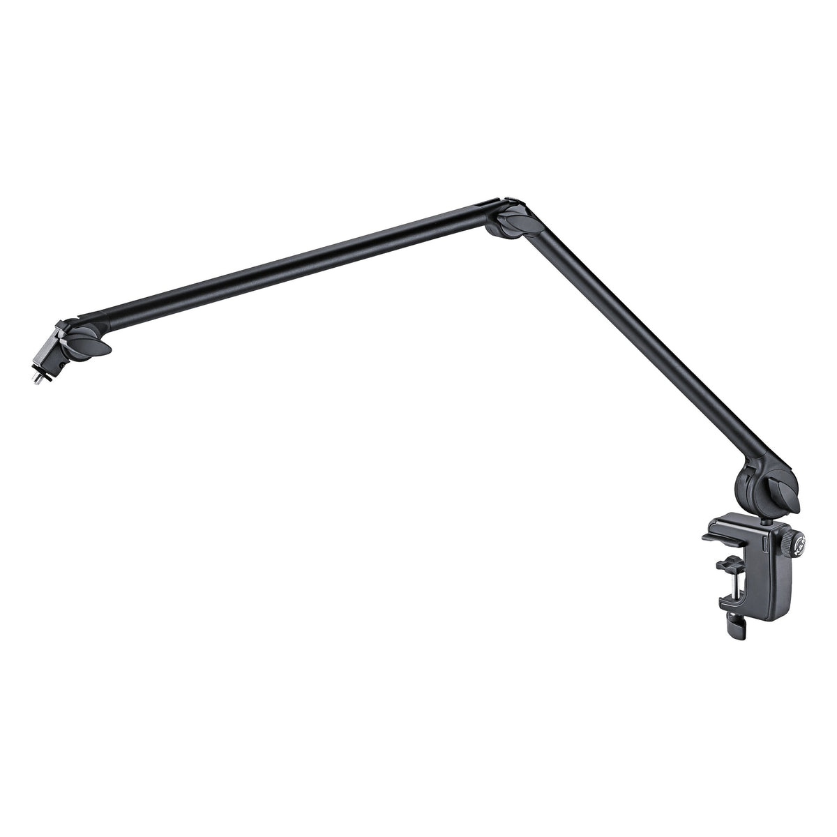 23865 aluminum microphone desk arm full view with two-section black boom, pivot joints and desk clamp at base, K&M