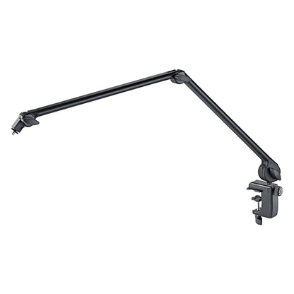 23865 aluminum microphone desk arm full view with two-section black boom, pivot joints and desk clamp at base, K&M