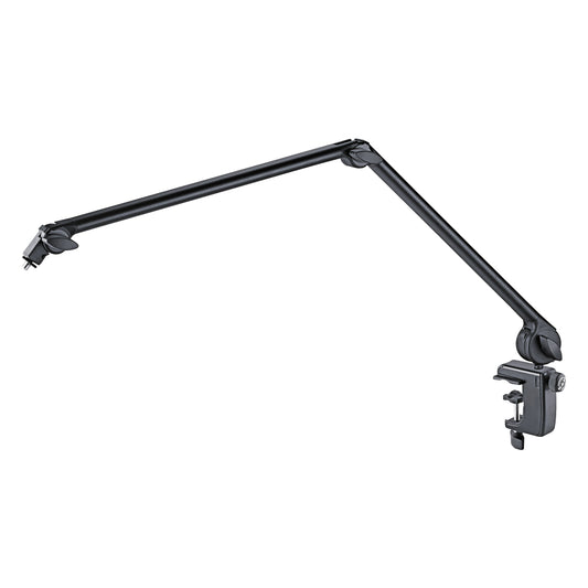 23865 aluminum microphone desk arm full view with two-section black boom, pivot joints and desk clamp at base, K&M