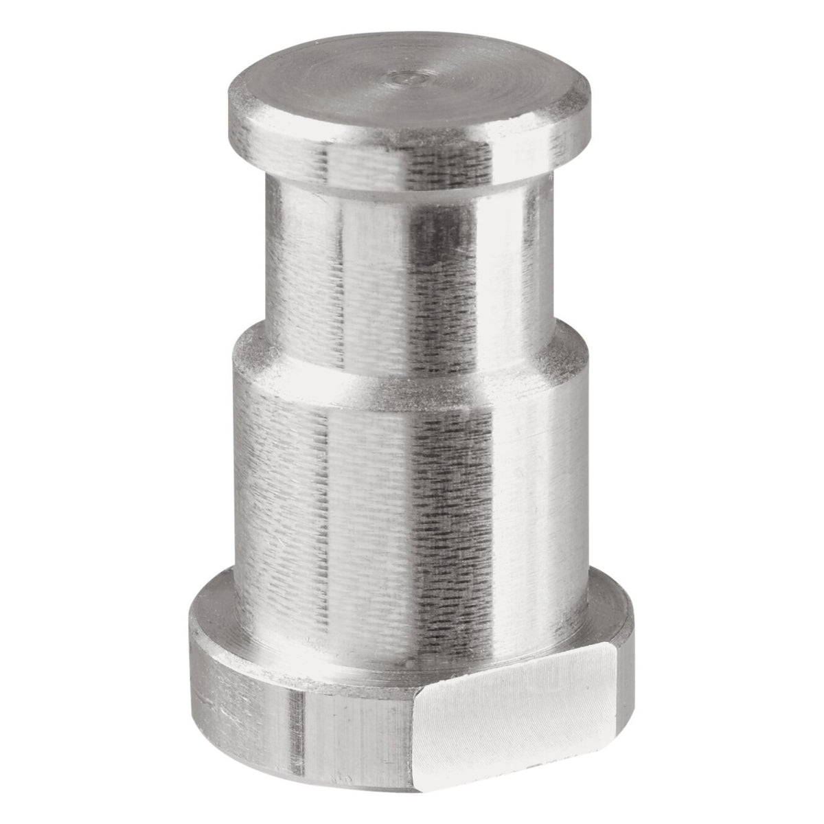 24517 Mini TV spigot adapter, 3/8" thread, stepped silver metal body with flat-sided base on white background, K&M