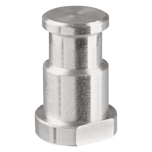 24517 Mini TV spigot adapter, 3/8" thread, stepped silver metal body with flat-sided base on white background, K&M