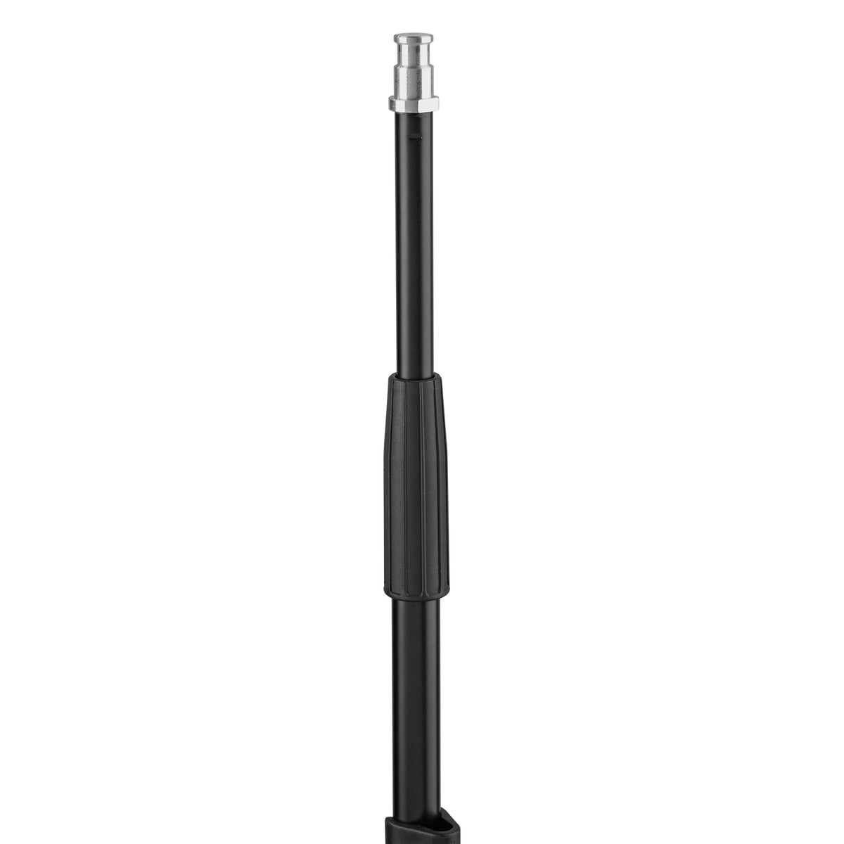 24517 Mini TV spigot adapter fitted to the top of a black telescoping stand tube with clamp grip, K&M