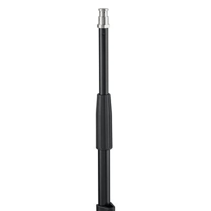 24517 Mini TV spigot adapter fitted to the top of a black telescoping stand tube with clamp grip, K&M