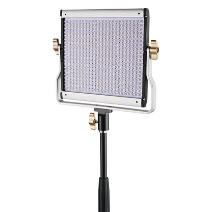 24517 Mini TV spigot adapter mounting an LED panel light on a black stand with gold-coloured tilt knobs, K&M