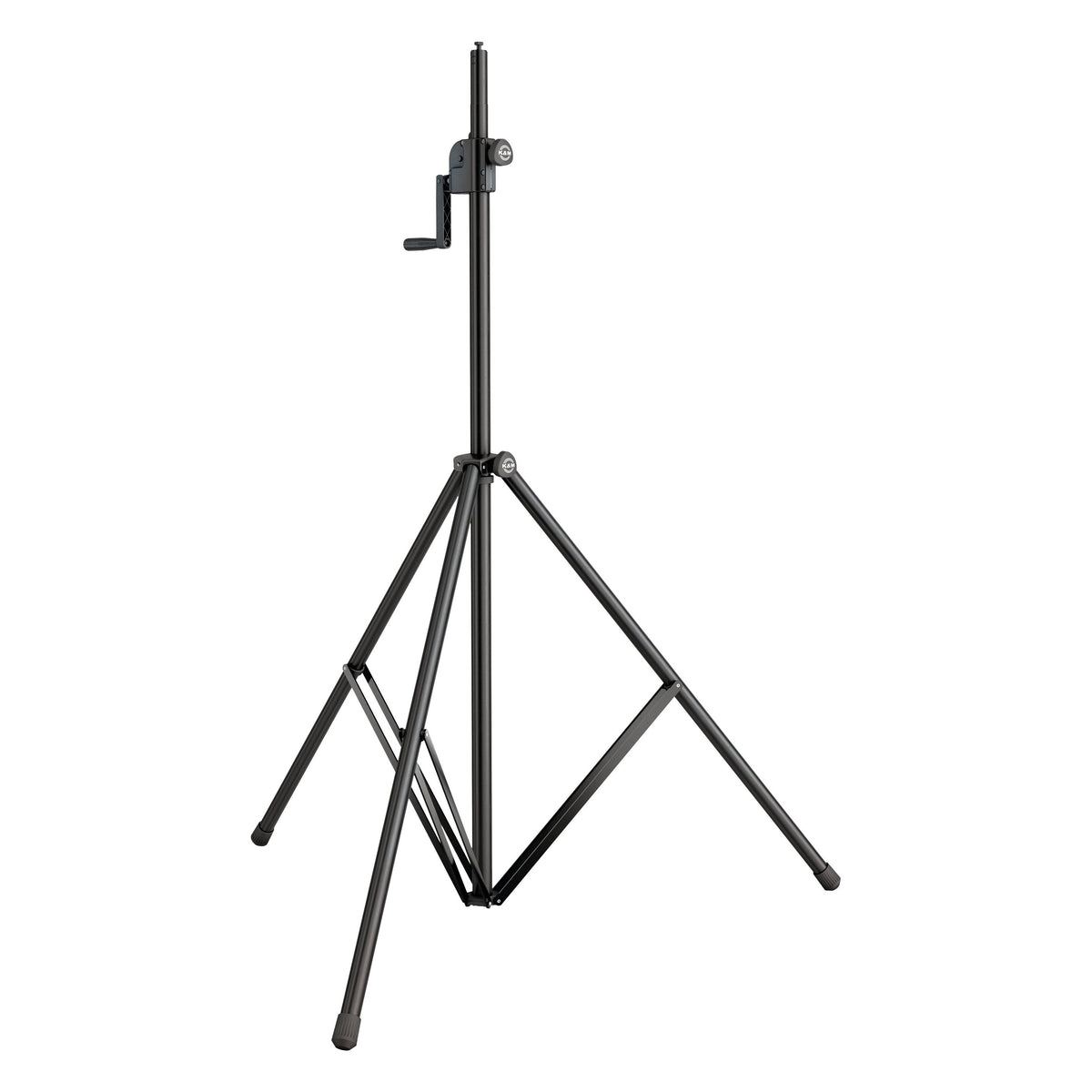 24615 aluminum crank lighting stand front view with black tripod legs, folding leg braces and crank handle at the upper section, K&M