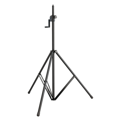 24615 aluminum crank lighting stand front view with black tripod legs, folding leg braces and crank handle at the upper section, K&M