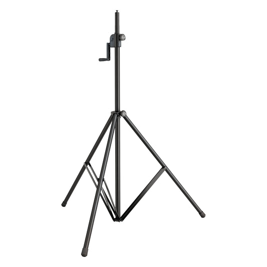 24615 aluminum crank lighting stand front view with black tripod legs, folding leg braces and crank handle at the upper section, K&M