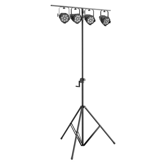 24615 crank lighting stand in use fully extended with a T-bar carrying four LED par lights, K&M