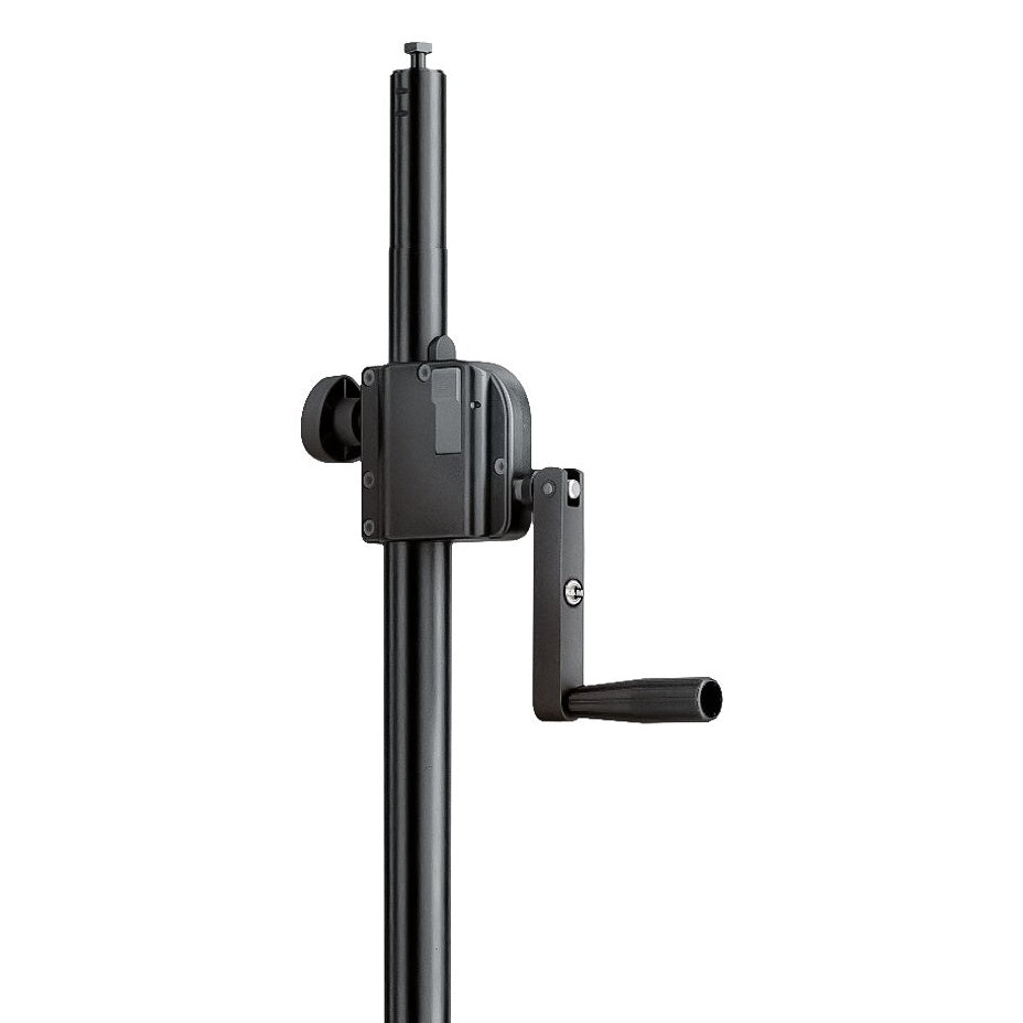 24615 crank lighting stand close-up of the crank winch housing, handle and clamp knob on the upper tube with top mounting stud, K&M