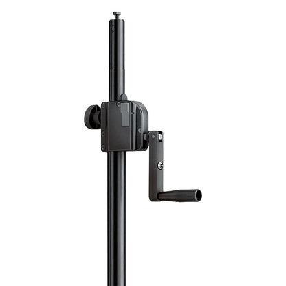 24615 crank lighting stand close-up of the crank winch housing, handle and clamp knob on the upper tube with top mounting stud, K&M