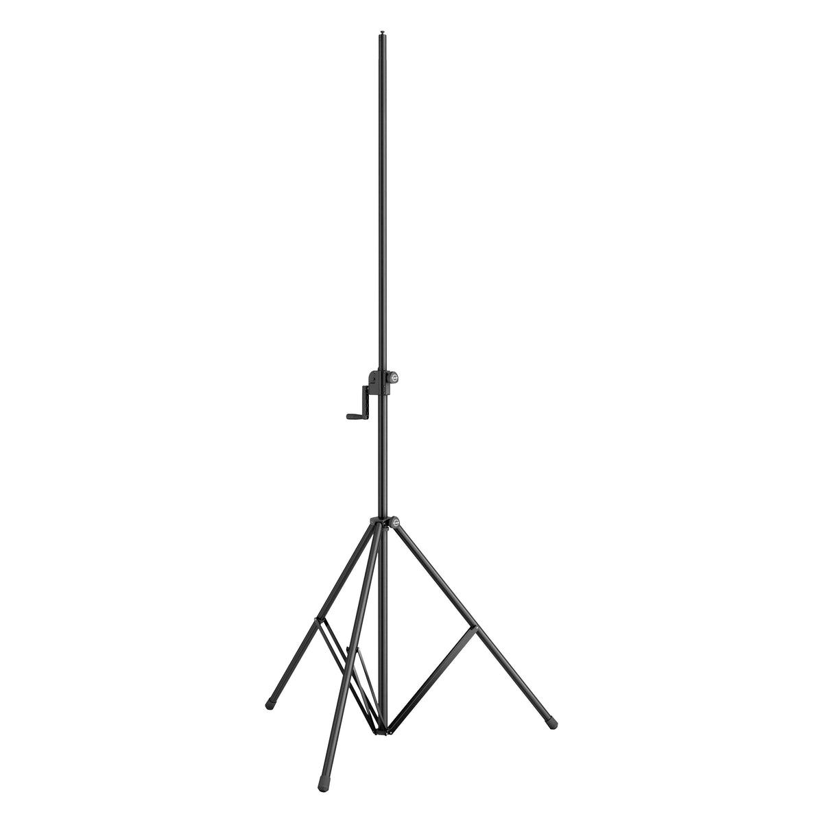 24615 crank lighting stand fully extended to maximum height showing slim upper tube above the crank mechanism and tripod base, K&M