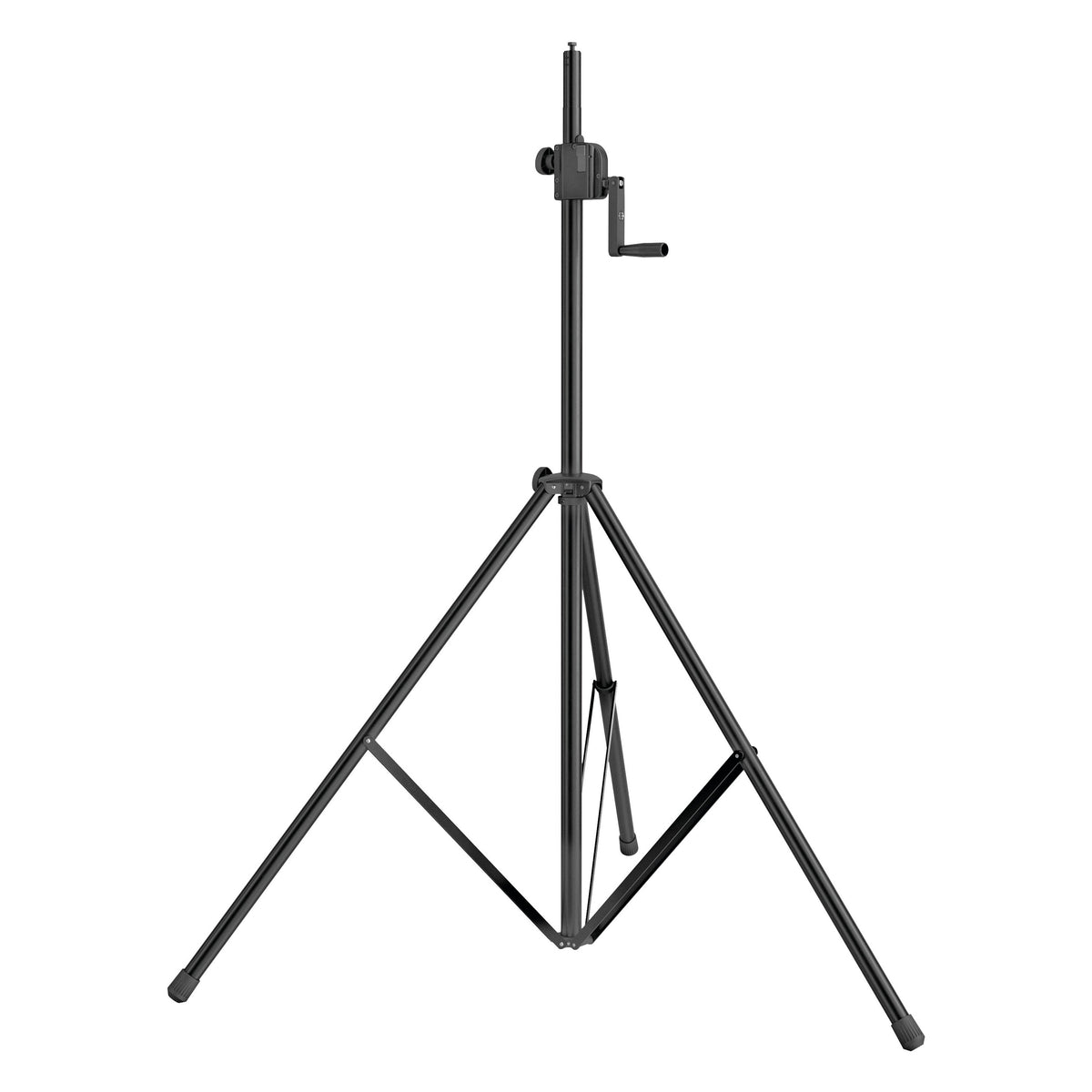 24615 crank lighting stand angled view with tripod legs spread wide, rubber feet and crank handle pointing right, K&M