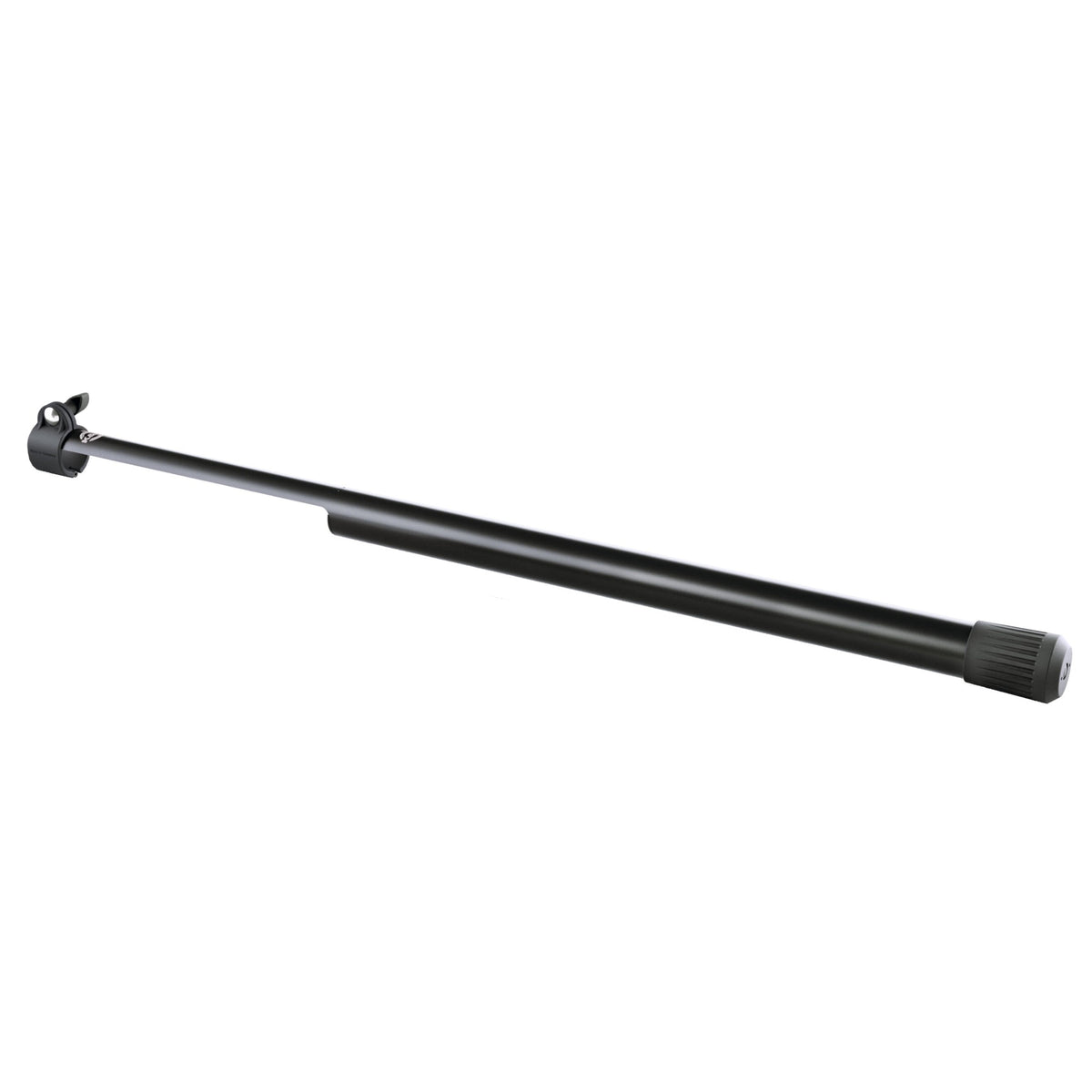 24618 leveling leg full product view showing black tube with clamp bracket at one end and ribbed rubber foot cap at the other, K&M