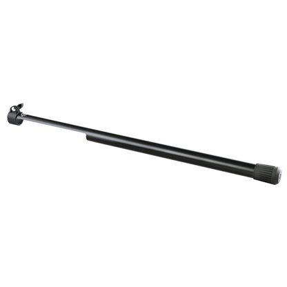 24618 leveling leg full product view showing black tube with clamp bracket at one end and ribbed rubber foot cap at the other, K&M