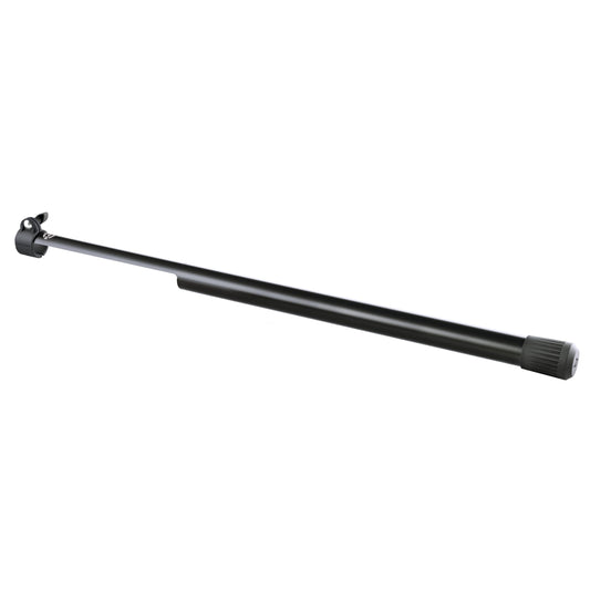 24618 leveling leg full product view showing black tube with clamp bracket at one end and ribbed rubber foot cap at the other, K&M