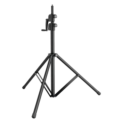 24730 wind-up tripod speaker stand front view at lowered height with crank handle and two clamp knobs on the upper column, K&M
