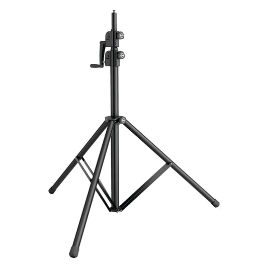 24730 wind-up tripod speaker stand front view at lowered height with crank handle and two clamp knobs on the upper column, K&M