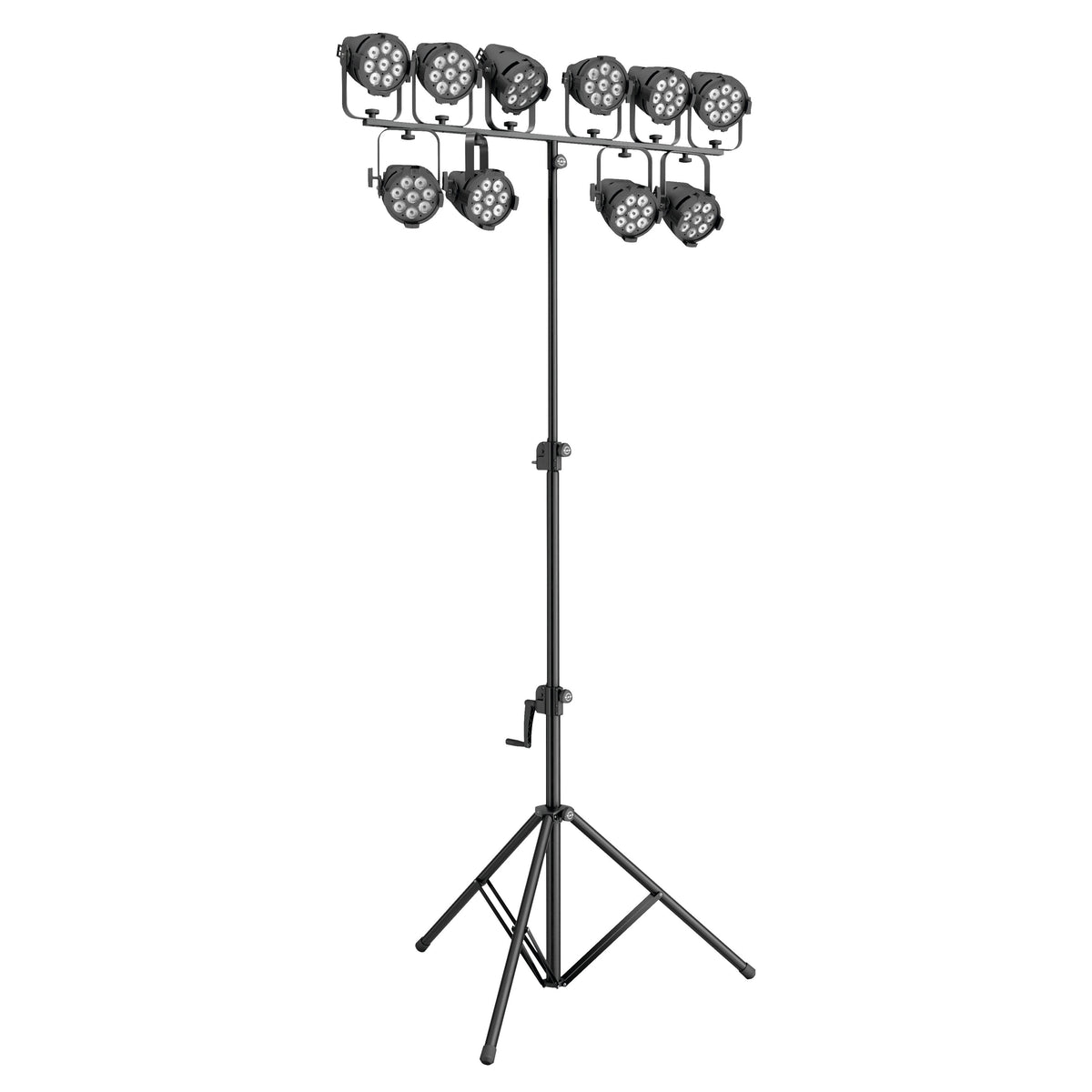 24730 wind-up tripod stand fully extended carrying a T-bar with ten black LED PAR lights, K&M