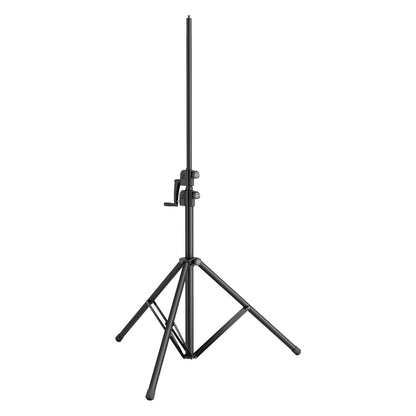 24730 wind-up tripod stand with inner column extended to mid height, crank handle and two clamp knobs visible, K&M
