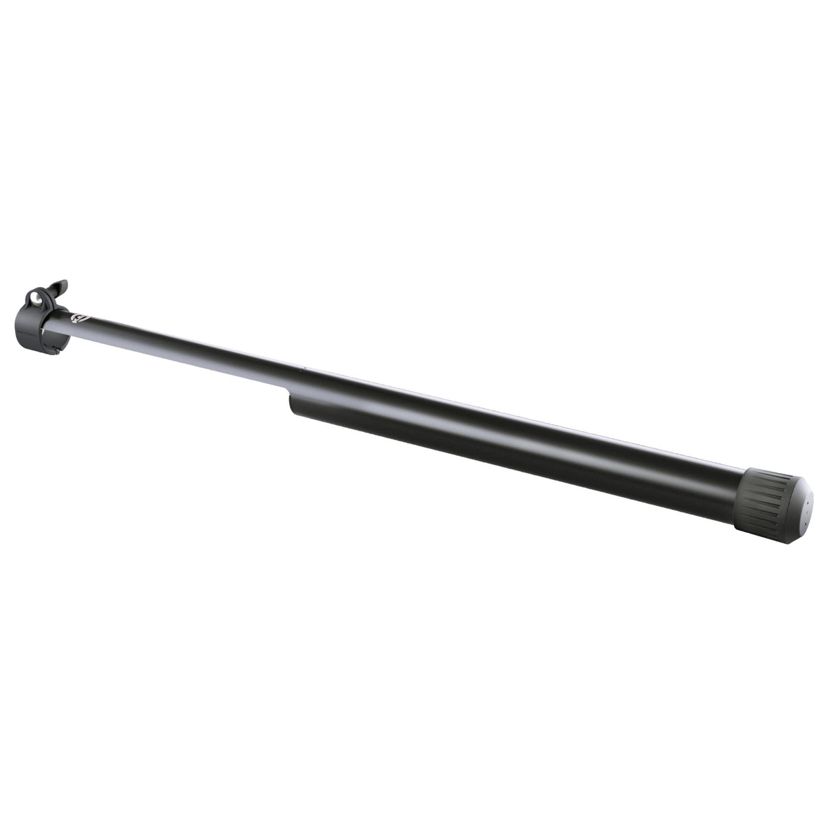 24738 leveling leg product shot at a diagonal angle showing black telescoping tube with clamp collar at the top and rubber foot cap at the bottom, K&M