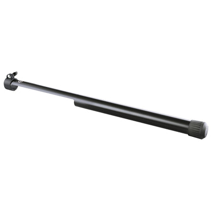 24738 leveling leg product shot at a diagonal angle showing black telescoping tube with clamp collar at the top and rubber foot cap at the bottom, K&M