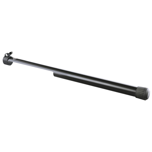 24738 leveling leg product shot at a diagonal angle showing black telescoping tube with clamp collar at the top and rubber foot cap at the bottom, K&M