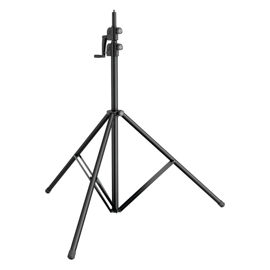 24740 wind-up speaker stand front view at low height with dual crank collars and splayed tripod legs, K&M