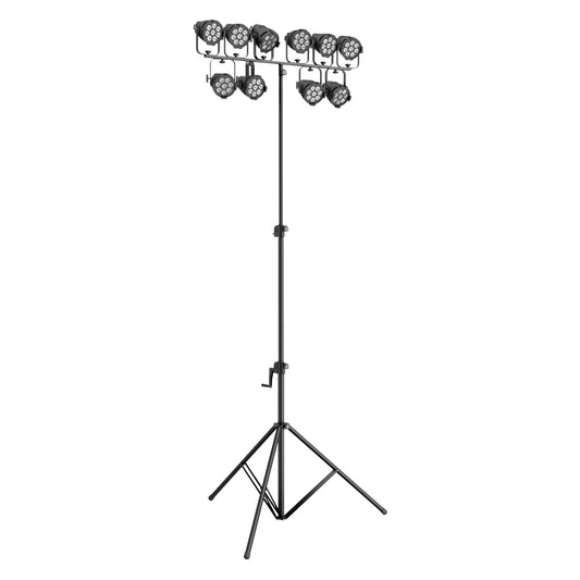 24740 wind-up stand fully extended carrying a T-bar with ten LED par lights, K&M