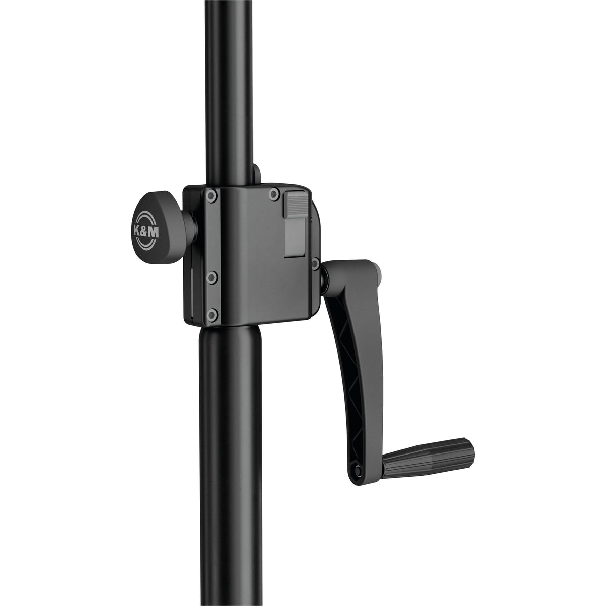 24740 wind-up stand close-up of crank collar with K&M clamp knob and folding crank handle, K&M